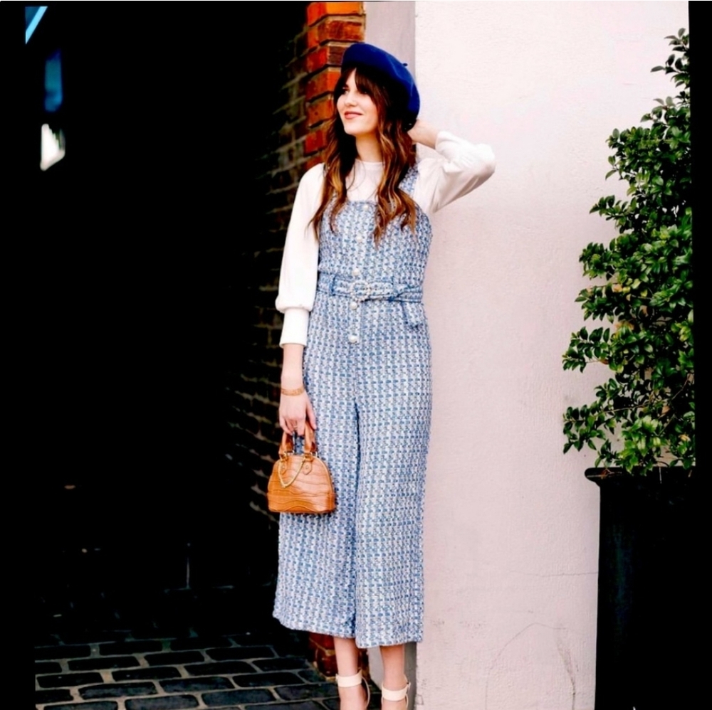 Jealous Tomato Blue & White Tweed Cropped Wide Leg Jumpsuit Sleeveless EUC Sz SM - Picture 16 of 16
